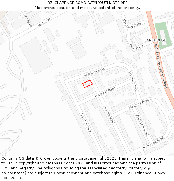 37, CLARENCE ROAD, WEYMOUTH, DT4 9EF: Location map and indicative extent of plot