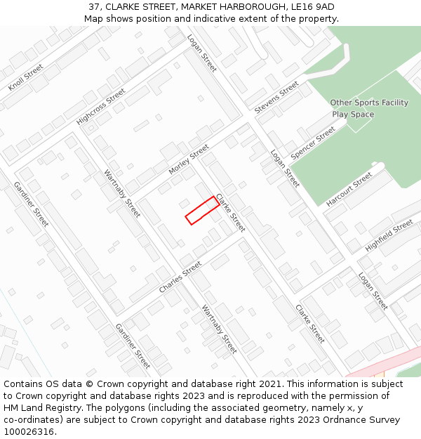37, CLARKE STREET, MARKET HARBOROUGH, LE16 9AD: Location map and indicative extent of plot