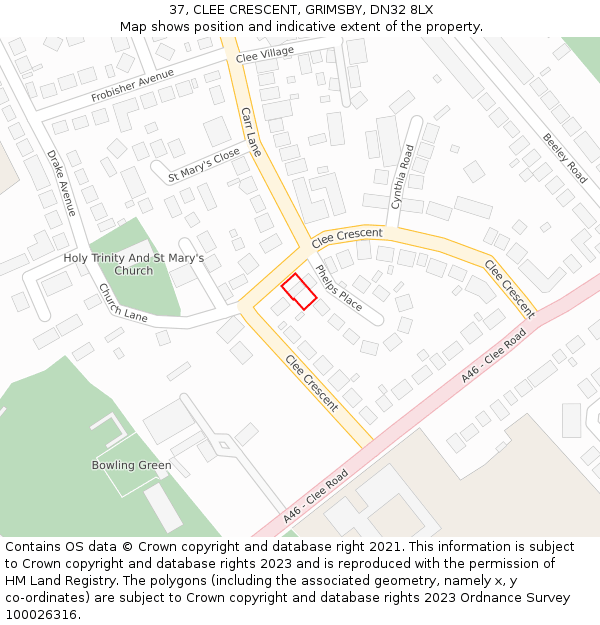 37, CLEE CRESCENT, GRIMSBY, DN32 8LX: Location map and indicative extent of plot