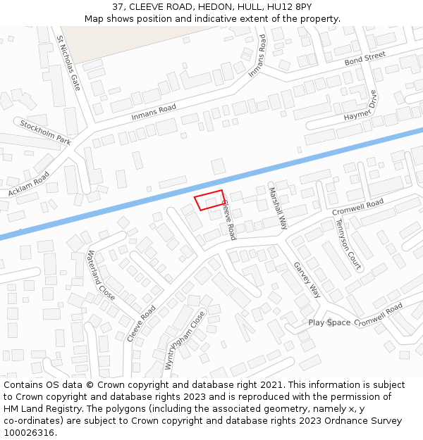 37, CLEEVE ROAD, HEDON, HULL, HU12 8PY: Location map and indicative extent of plot