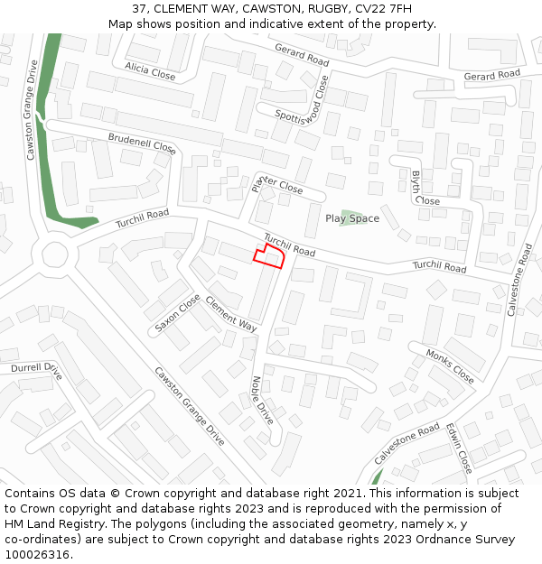 37, CLEMENT WAY, CAWSTON, RUGBY, CV22 7FH: Location map and indicative extent of plot