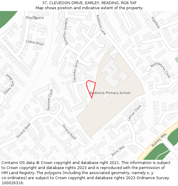 37, CLEVEDON DRIVE, EARLEY, READING, RG6 5XF: Location map and indicative extent of plot
