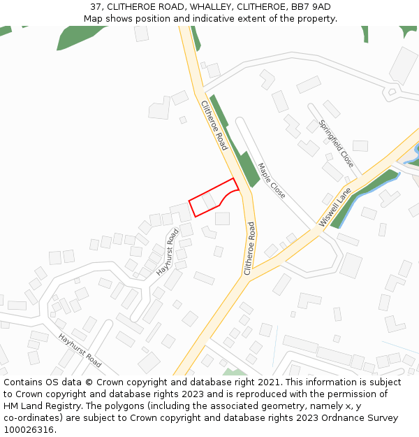 37, CLITHEROE ROAD, WHALLEY, CLITHEROE, BB7 9AD: Location map and indicative extent of plot