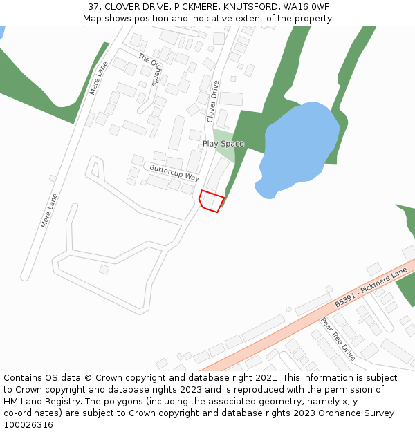 37, CLOVER DRIVE, PICKMERE, KNUTSFORD, WA16 0WF: Location map and indicative extent of plot