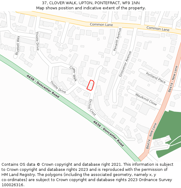 37, CLOVER WALK, UPTON, PONTEFRACT, WF9 1NN: Location map and indicative extent of plot