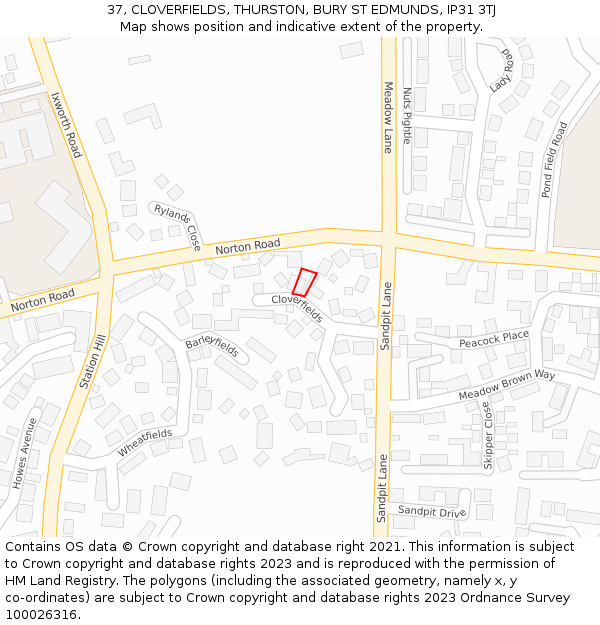 37, CLOVERFIELDS, THURSTON, BURY ST EDMUNDS, IP31 3TJ: Location map and indicative extent of plot