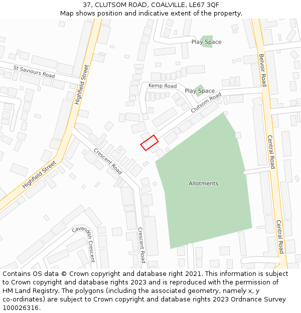 37, CLUTSOM ROAD, COALVILLE, LE67 3QF: Location map and indicative extent of plot