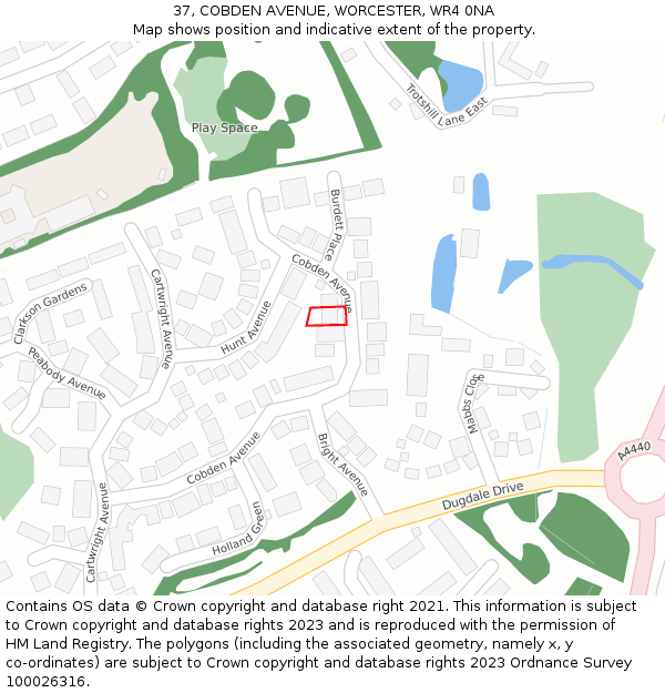 37, COBDEN AVENUE, WORCESTER, WR4 0NA: Location map and indicative extent of plot