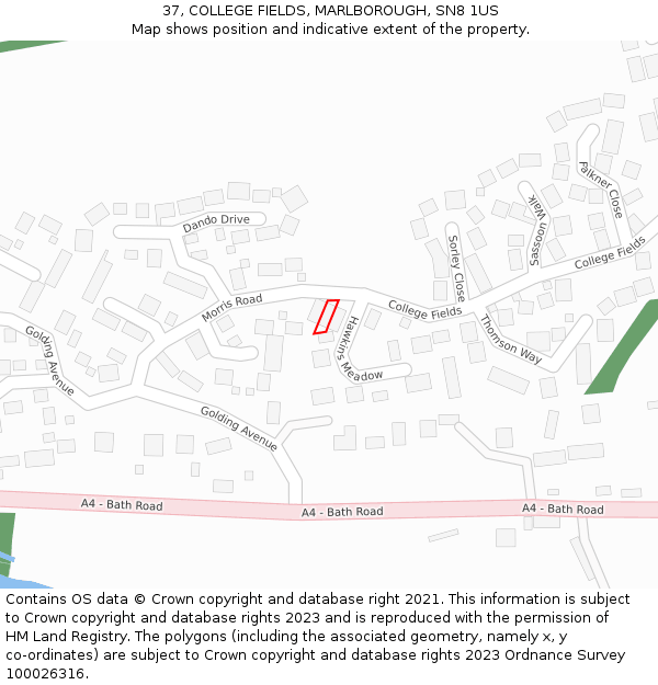 37, COLLEGE FIELDS, MARLBOROUGH, SN8 1US: Location map and indicative extent of plot