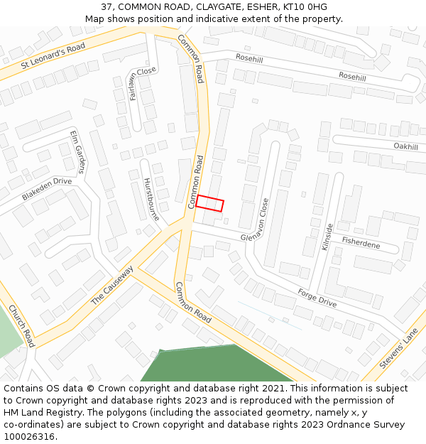 37, COMMON ROAD, CLAYGATE, ESHER, KT10 0HG: Location map and indicative extent of plot