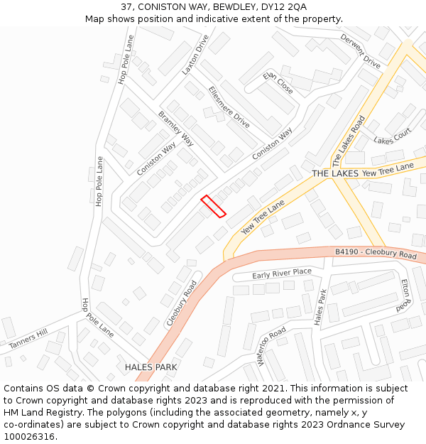 37, CONISTON WAY, BEWDLEY, DY12 2QA: Location map and indicative extent of plot