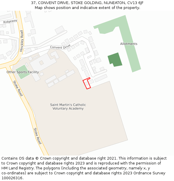 37, CONVENT DRIVE, STOKE GOLDING, NUNEATON, CV13 6JF: Location map and indicative extent of plot