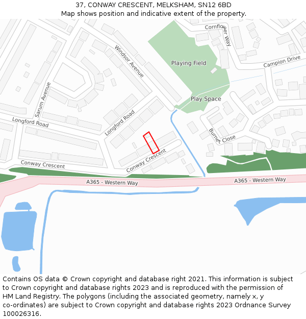 37, CONWAY CRESCENT, MELKSHAM, SN12 6BD: Location map and indicative extent of plot