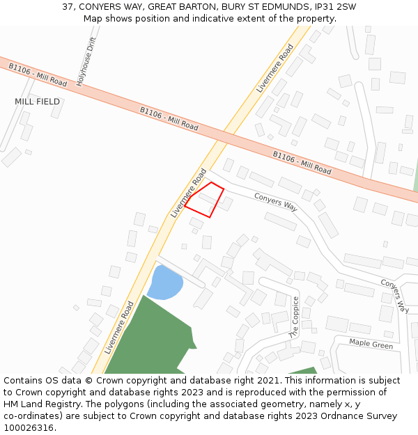 37, CONYERS WAY, GREAT BARTON, BURY ST EDMUNDS, IP31 2SW: Location map and indicative extent of plot