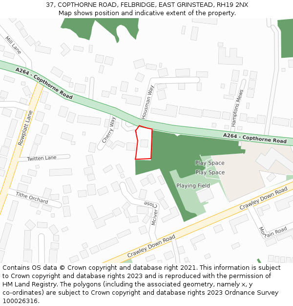 37, COPTHORNE ROAD, FELBRIDGE, EAST GRINSTEAD, RH19 2NX: Location map and indicative extent of plot