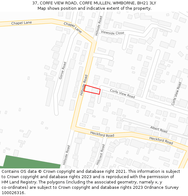 37, CORFE VIEW ROAD, CORFE MULLEN, WIMBORNE, BH21 3LY: Location map and indicative extent of plot