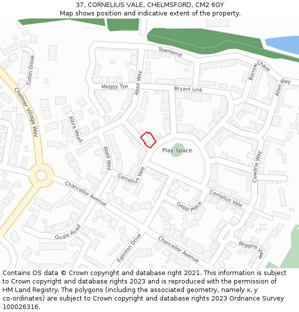 37, CORNELIUS VALE, CHELMSFORD, CM2 6GY: Location map and indicative extent of plot