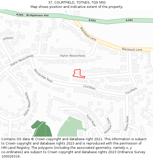 37, COURTFIELD, TOTNES, TQ9 5RG: Location map and indicative extent of plot