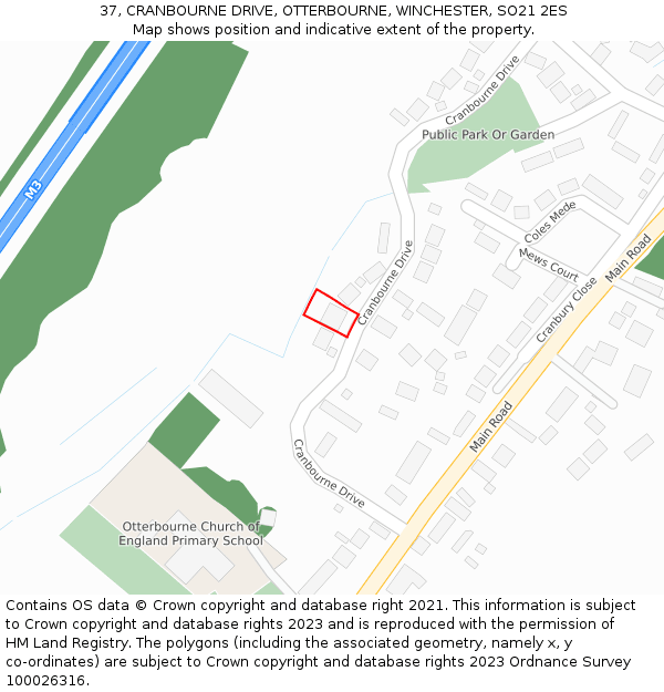 37, CRANBOURNE DRIVE, OTTERBOURNE, WINCHESTER, SO21 2ES: Location map and indicative extent of plot