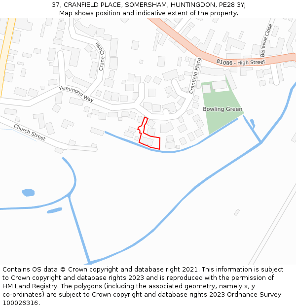 37, CRANFIELD PLACE, SOMERSHAM, HUNTINGDON, PE28 3YJ: Location map and indicative extent of plot