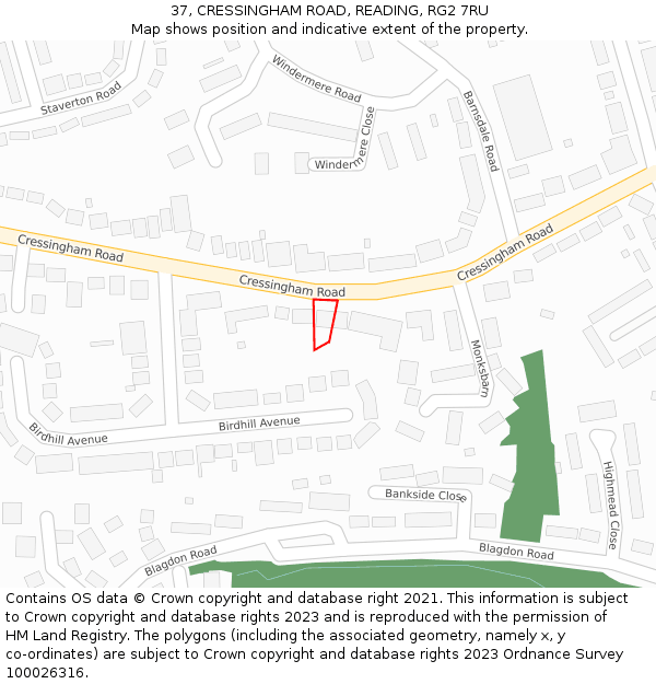 37, CRESSINGHAM ROAD, READING, RG2 7RU: Location map and indicative extent of plot