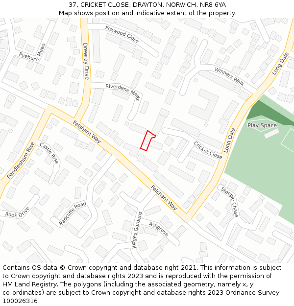 37, CRICKET CLOSE, DRAYTON, NORWICH, NR8 6YA: Location map and indicative extent of plot