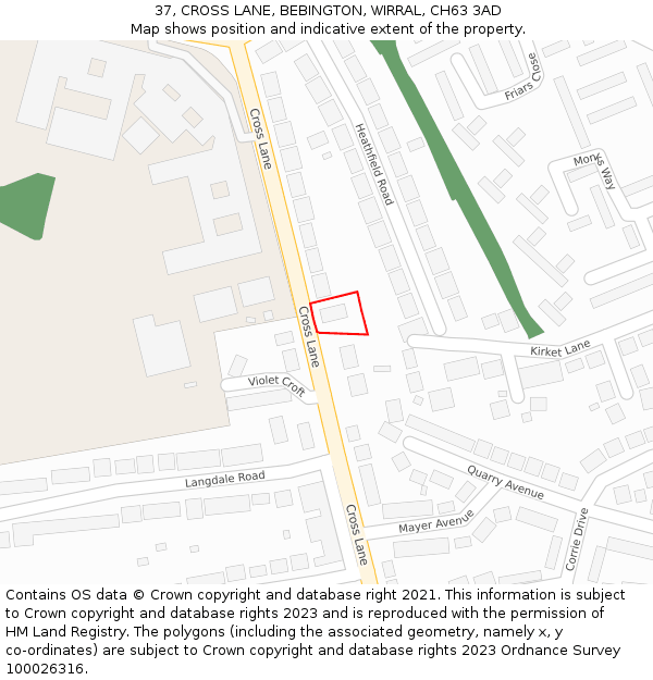 37, CROSS LANE, BEBINGTON, WIRRAL, CH63 3AD: Location map and indicative extent of plot