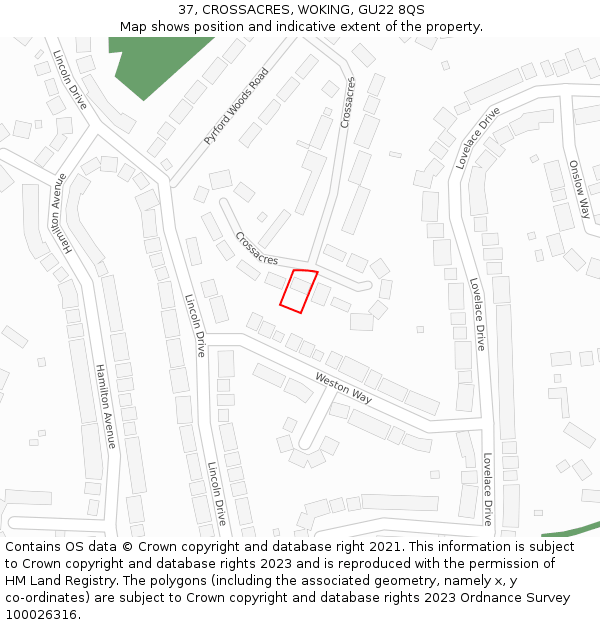 37, CROSSACRES, WOKING, GU22 8QS: Location map and indicative extent of plot