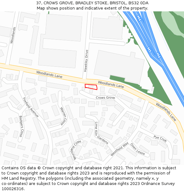 37, CROWS GROVE, BRADLEY STOKE, BRISTOL, BS32 0DA: Location map and indicative extent of plot