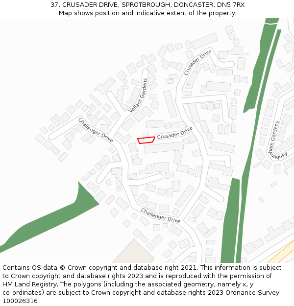 37, CRUSADER DRIVE, SPROTBROUGH, DONCASTER, DN5 7RX: Location map and indicative extent of plot
