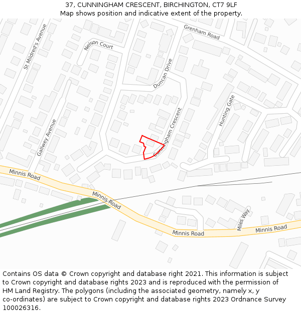 37, CUNNINGHAM CRESCENT, BIRCHINGTON, CT7 9LF: Location map and indicative extent of plot