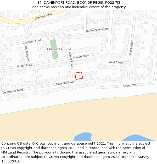 37, DAVENPORT ROAD, BOGNOR REGIS, PO22 7JS: Location map and indicative extent of plot