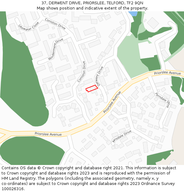 37, DERWENT DRIVE, PRIORSLEE, TELFORD, TF2 9QN: Location map and indicative extent of plot