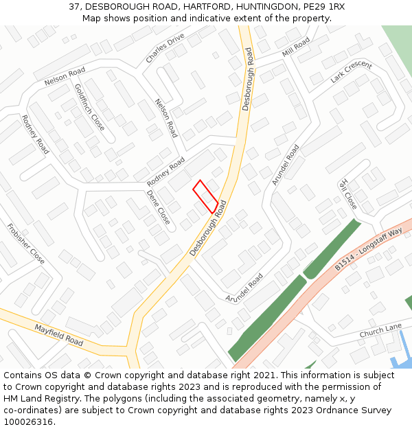 37, DESBOROUGH ROAD, HARTFORD, HUNTINGDON, PE29 1RX: Location map and indicative extent of plot