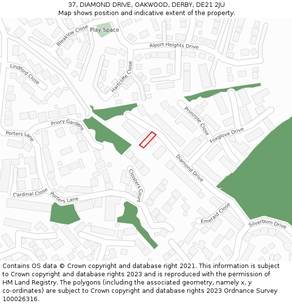 37, DIAMOND DRIVE, OAKWOOD, DERBY, DE21 2JU: Location map and indicative extent of plot