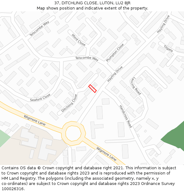 37, DITCHLING CLOSE, LUTON, LU2 8JR: Location map and indicative extent of plot