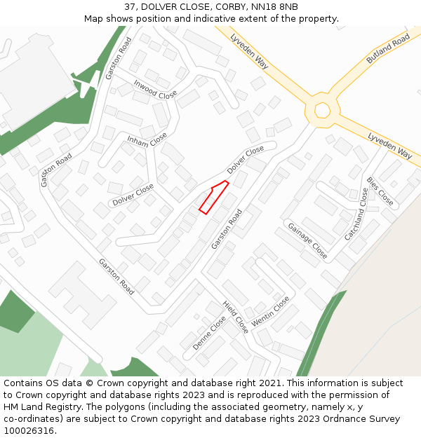 37, DOLVER CLOSE, CORBY, NN18 8NB: Location map and indicative extent of plot