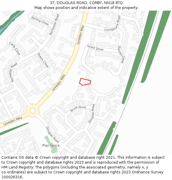 37, DOUGLAS ROAD, CORBY, NN18 8TQ: Location map and indicative extent of plot