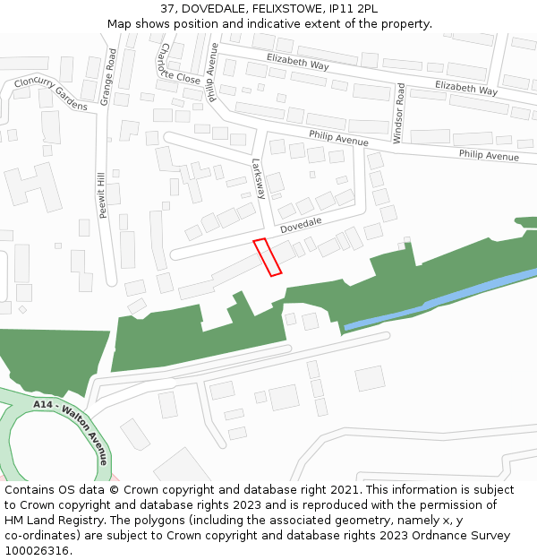 37, DOVEDALE, FELIXSTOWE, IP11 2PL: Location map and indicative extent of plot