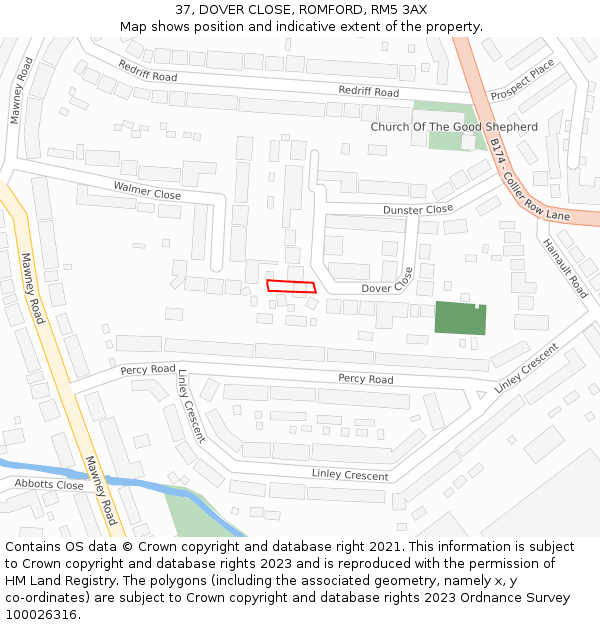 37, DOVER CLOSE, ROMFORD, RM5 3AX: Location map and indicative extent of plot