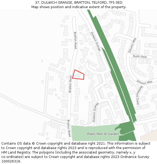 37, DULWICH GRANGE, BRATTON, TELFORD, TF5 0ED: Location map and indicative extent of plot