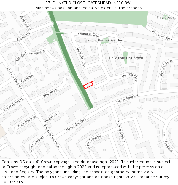 37, DUNKELD CLOSE, GATESHEAD, NE10 8WH: Location map and indicative extent of plot