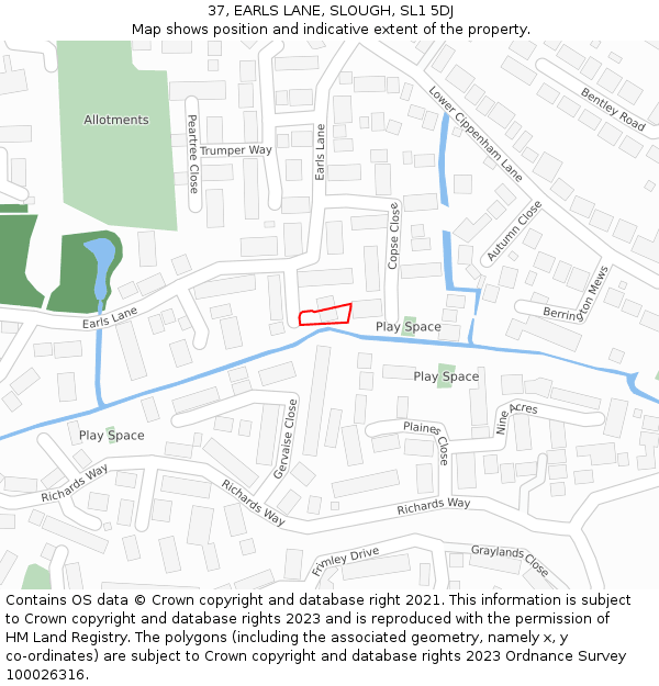 37, EARLS LANE, SLOUGH, SL1 5DJ: Location map and indicative extent of plot