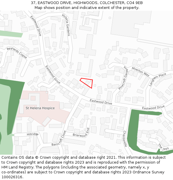 37, EASTWOOD DRIVE, HIGHWOODS, COLCHESTER, CO4 9EB: Location map and indicative extent of plot