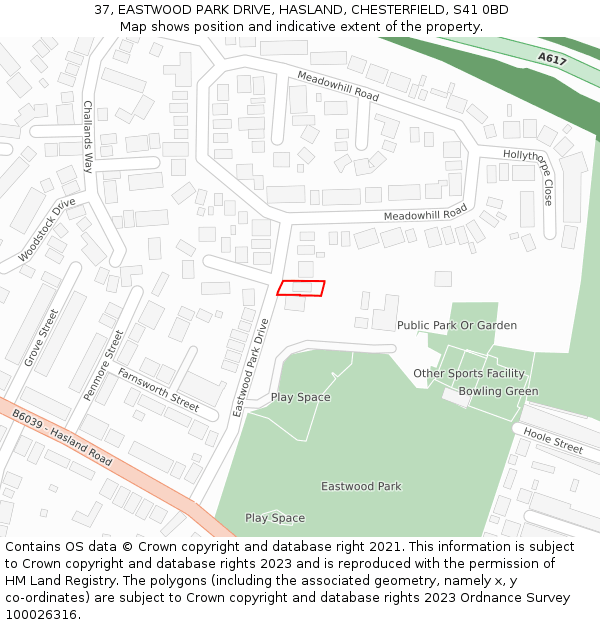 37, EASTWOOD PARK DRIVE, HASLAND, CHESTERFIELD, S41 0BD: Location map and indicative extent of plot