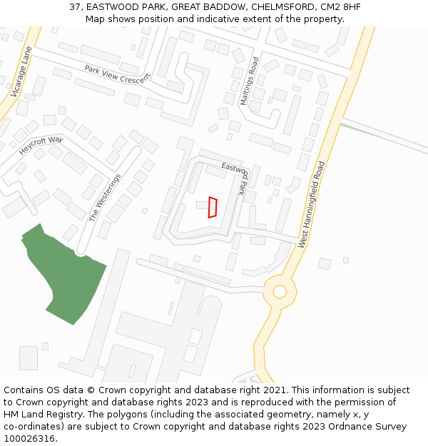 37, EASTWOOD PARK, GREAT BADDOW, CHELMSFORD, CM2 8HF: Location map and indicative extent of plot