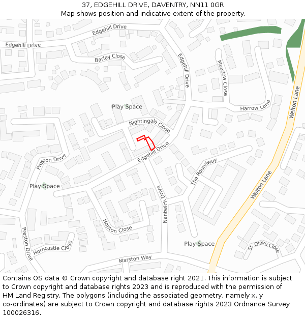 37, EDGEHILL DRIVE, DAVENTRY, NN11 0GR: Location map and indicative extent of plot