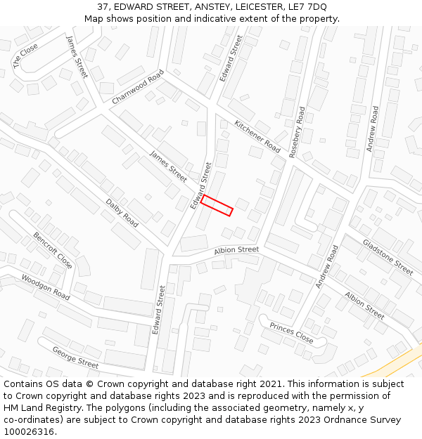 37, EDWARD STREET, ANSTEY, LEICESTER, LE7 7DQ: Location map and indicative extent of plot