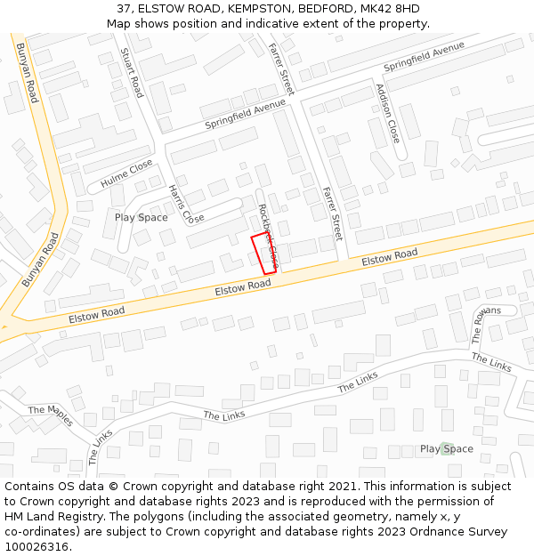 37, ELSTOW ROAD, KEMPSTON, BEDFORD, MK42 8HD: Location map and indicative extent of plot