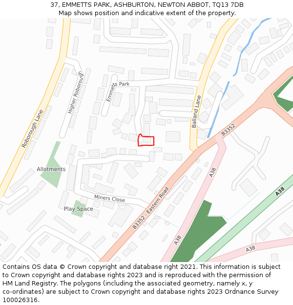 37, EMMETTS PARK, ASHBURTON, NEWTON ABBOT, TQ13 7DB: Location map and indicative extent of plot